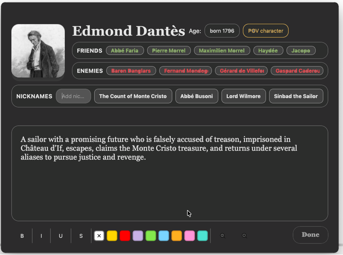 Character dossier view for Edmond Dantes